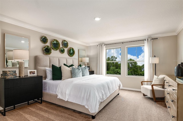 carpeted bedroom featuring ornamental molding