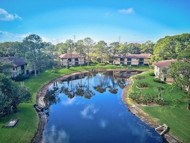 aerial view featuring a water view