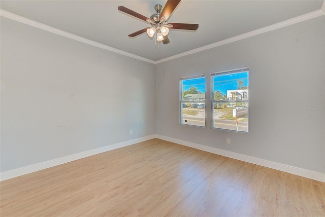 unfurnished room featuring light wood-type flooring, ceiling fan, and ornamental molding