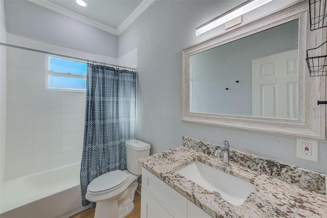 full bathroom featuring ornamental molding, toilet, shower / bath combo with shower curtain, vanity, and hardwood / wood-style flooring