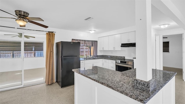 kitchen featuring black fridge, white cabinetry, sink, and electric range