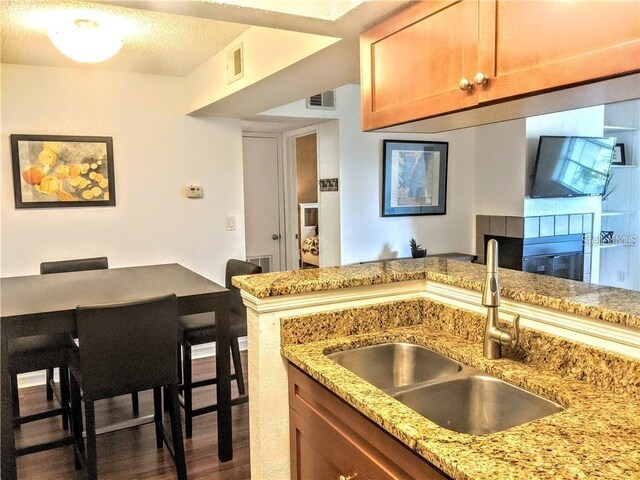 10200 Gandy Blvd N Unit 921, Saint Petersburg, FL 33702 - kitchen with a sink, dark wood-style flooring, light stone countertops, brown cabinets, and a fireplace