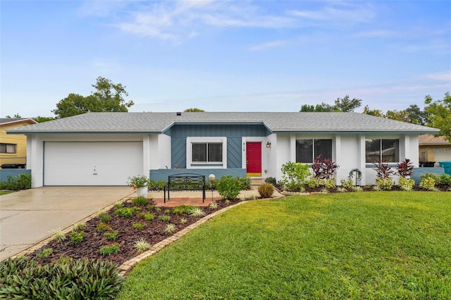 single story home featuring a front yard and a garage