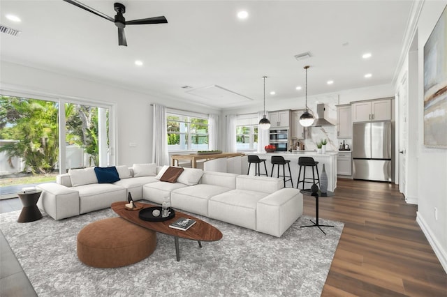 living room with dark hardwood / wood-style flooring, ceiling fan, ornamental molding, and sink