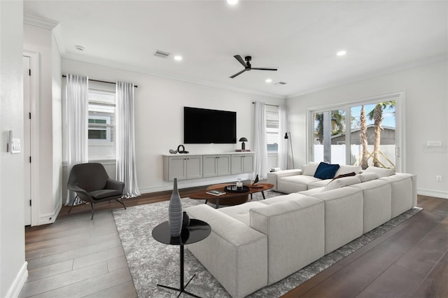 living room with dark hardwood / wood-style floors, ceiling fan, and ornamental molding