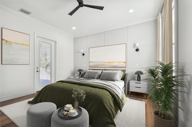 bedroom with access to exterior, ceiling fan, crown molding, and dark hardwood / wood-style flooring