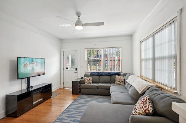 living room featuring light wood-type flooring, ceiling fan, and crown molding