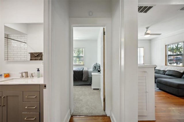 hall with hardwood / wood-style flooring and sink