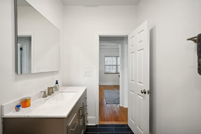 bathroom with vanity and wood-type flooring