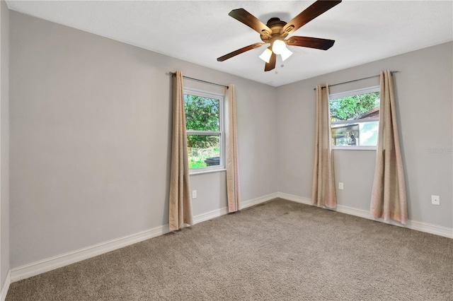 empty room featuring ceiling fan, a wealth of natural light, and carpet flooring