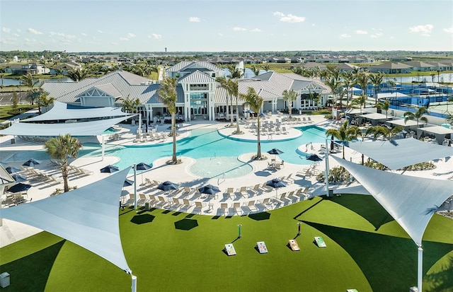 community pool with a residential view