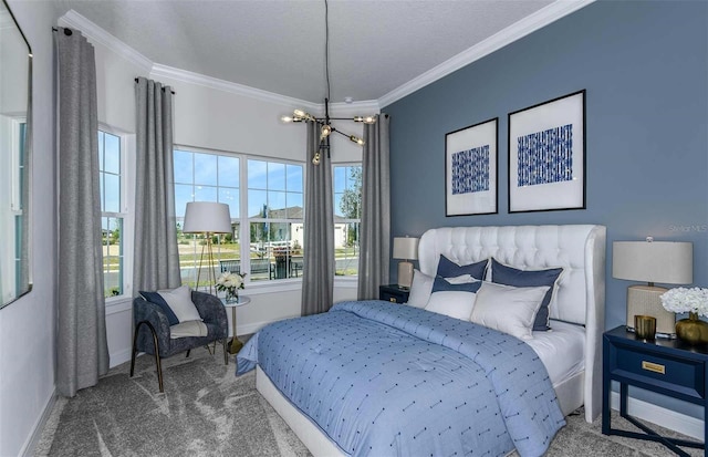 carpeted bedroom with an inviting chandelier, ornamental molding, and multiple windows