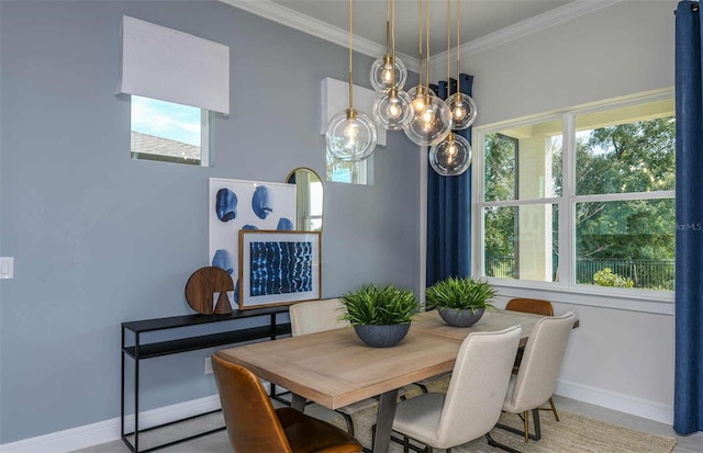 dining space featuring crown molding