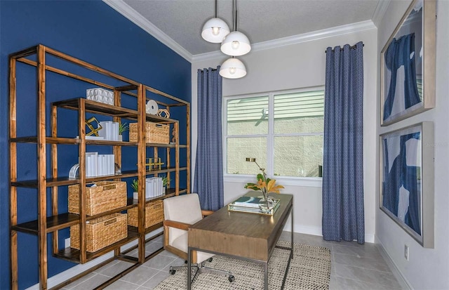 home office featuring tile patterned floors, crown molding, and a textured ceiling