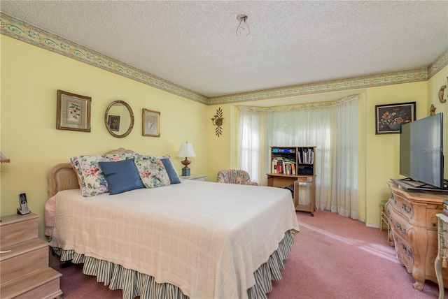 carpeted bedroom with a textured ceiling