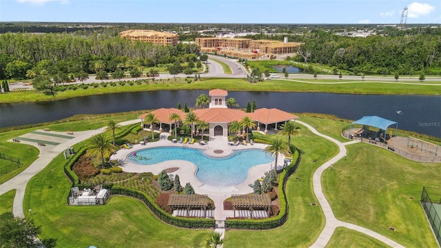 birds eye view of property featuring a water view