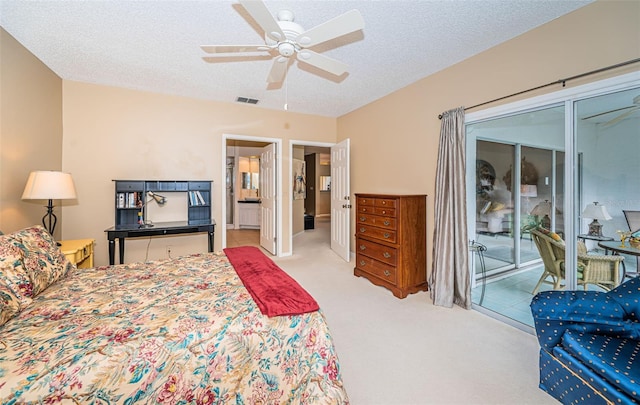 bedroom featuring access to exterior, ceiling fan, light carpet, and a textured ceiling