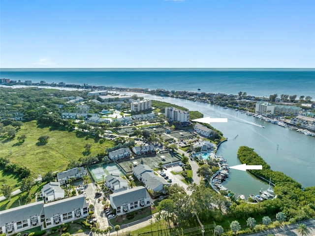 drone / aerial view featuring a water view