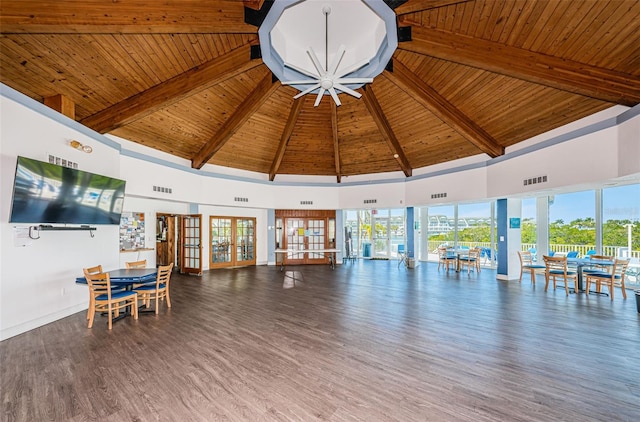 unfurnished living room featuring hardwood / wood-style flooring, beam ceiling, wood ceiling, and high vaulted ceiling