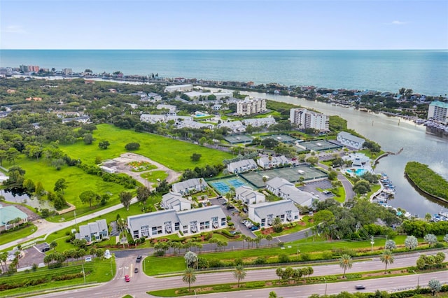 drone / aerial view with a water view