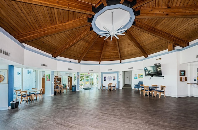 interior space featuring dark wood-type flooring, high vaulted ceiling, wood ceiling, and beamed ceiling