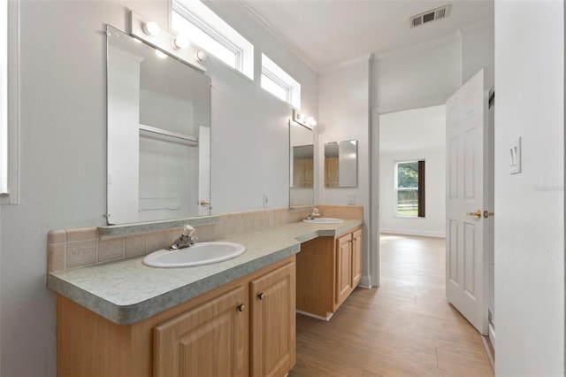 bathroom with crown molding, vanity, and hardwood / wood-style flooring