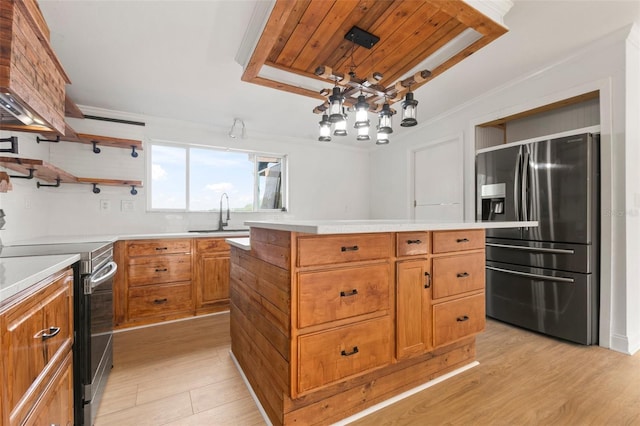 kitchen featuring sink, a center island, pendant lighting, appliances with stainless steel finishes, and ornamental molding