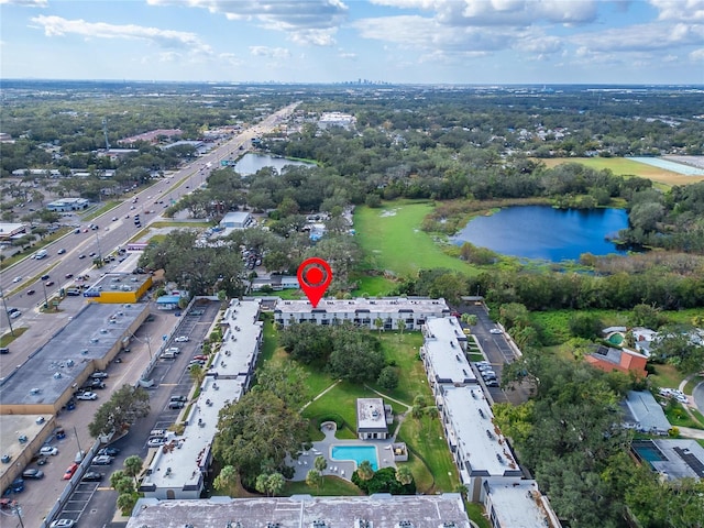 drone / aerial view with a water view