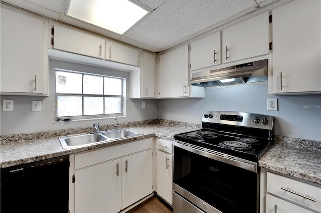 kitchen featuring black dishwasher, electric range, white cabinets, and sink