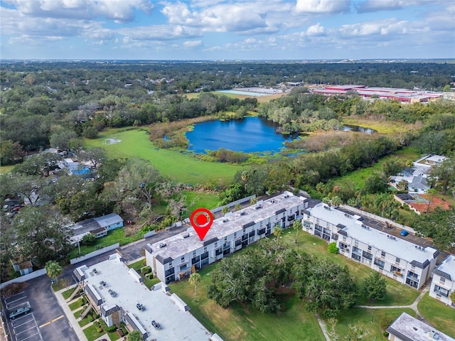 drone / aerial view with a water view