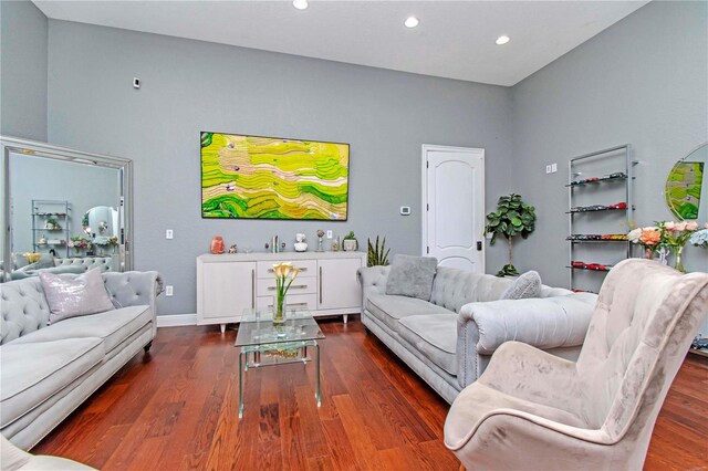 living room with dark hardwood / wood-style flooring