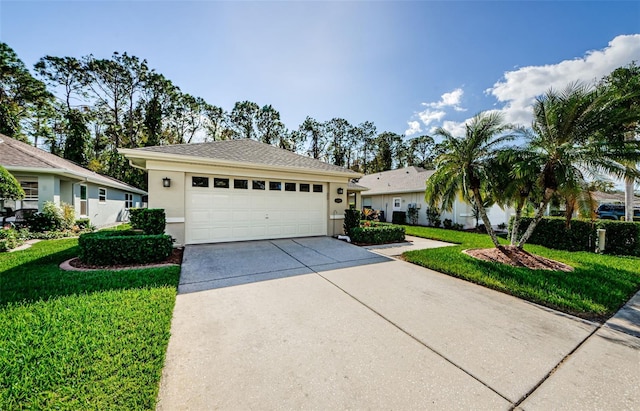 ranch-style house with a front yard and a garage