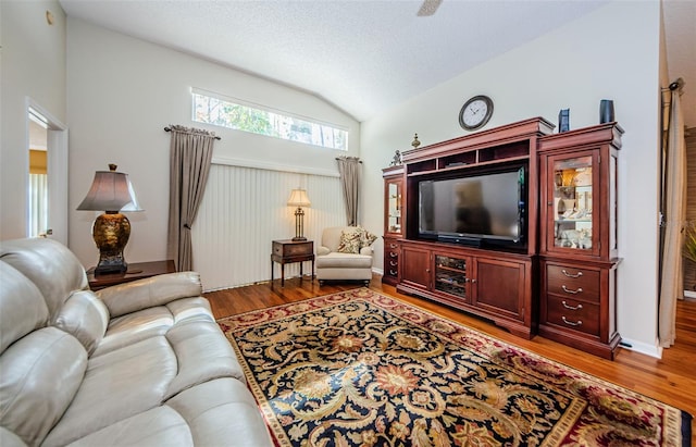 living room featuring a textured ceiling, lofted ceiling, and hardwood / wood-style flooring