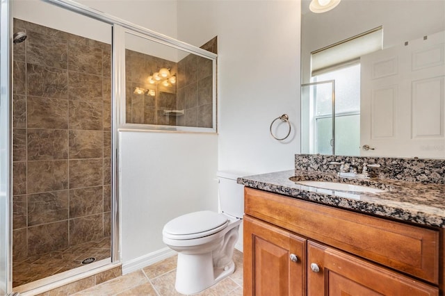 bathroom featuring an enclosed shower, vanity, toilet, and tile patterned floors