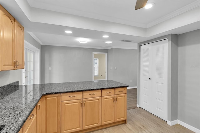 kitchen with recessed lighting, light wood-style floors, a peninsula, and crown molding