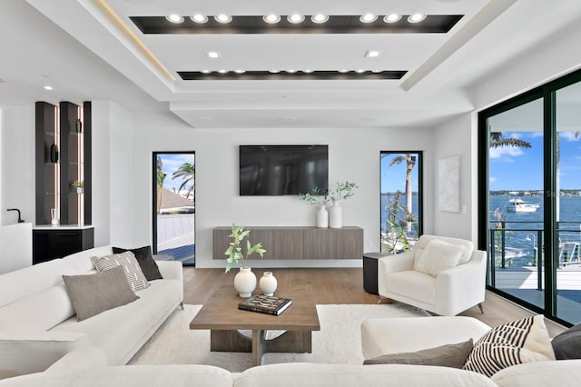 living room with light wood-type flooring and a tray ceiling