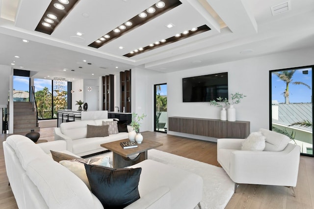 living room with a raised ceiling and light hardwood / wood-style flooring