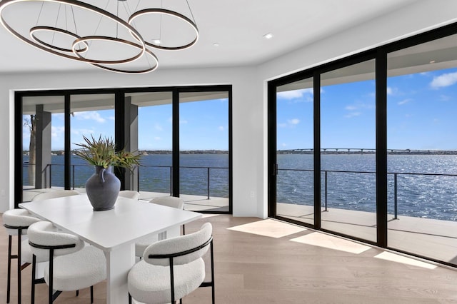 dining area with a water view, light hardwood / wood-style flooring, and plenty of natural light