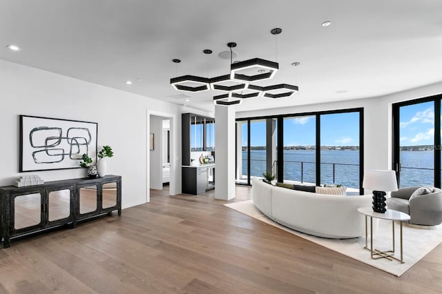 living room featuring a water view and light wood-type flooring