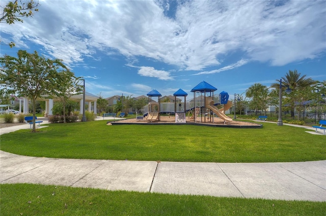 view of jungle gym featuring a yard