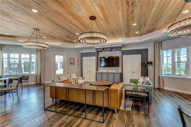 living room featuring a raised ceiling, wood ceiling, and dark wood-type flooring