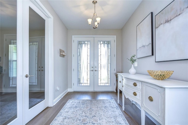 foyer entrance featuring french doors, a wealth of natural light, and dark wood-type flooring