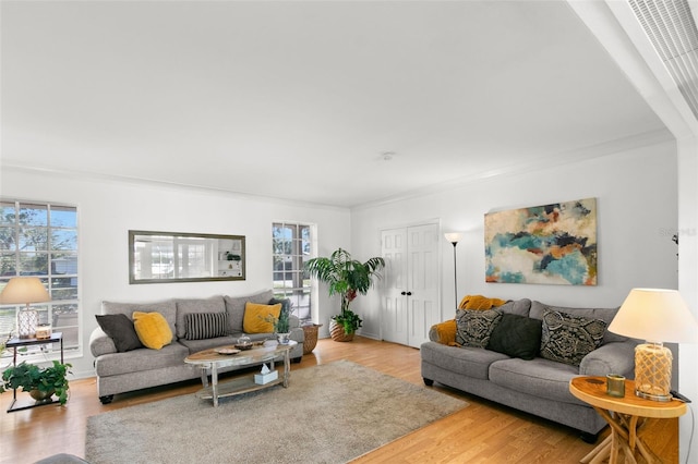 living room featuring light wood-type flooring and ornamental molding