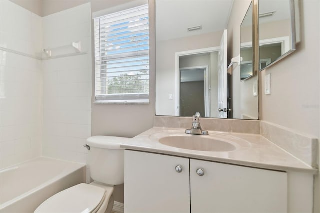 full bathroom featuring vanity, toilet, and shower / washtub combination