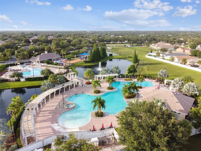 birds eye view of property featuring a water view