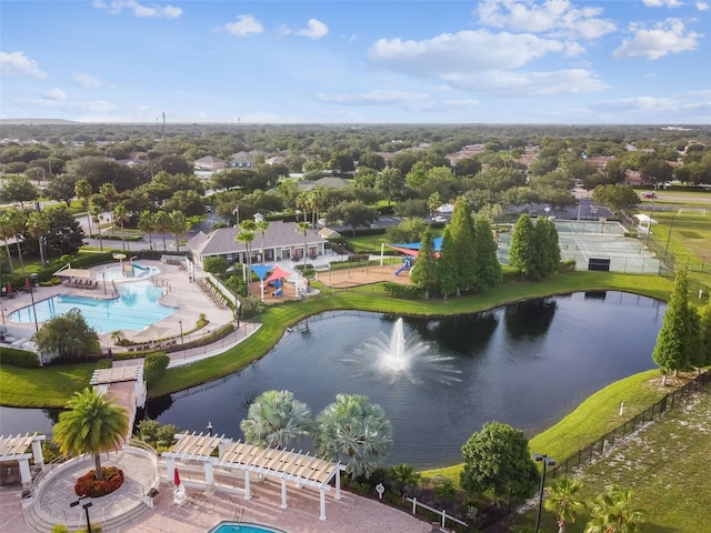 drone / aerial view with a water view