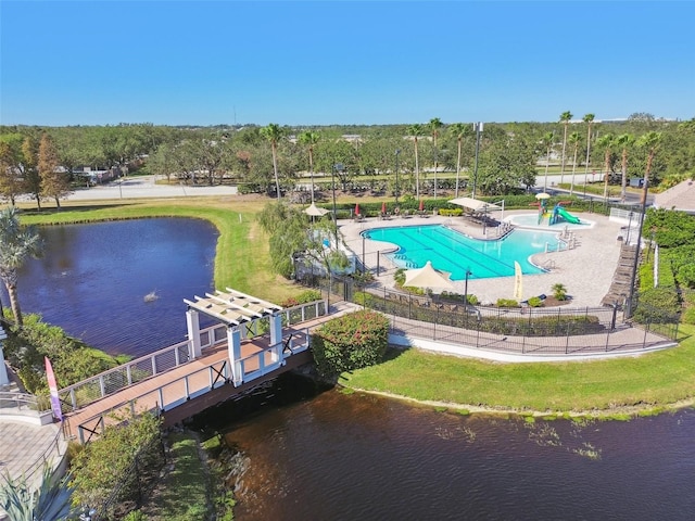 drone / aerial view featuring a water view