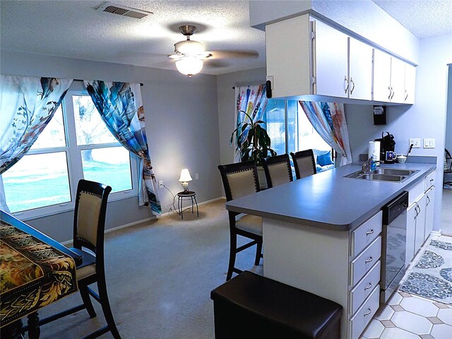 kitchen with a textured ceiling, ceiling fan, white cabinetry, and sink