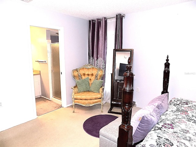 carpeted bedroom featuring a textured ceiling and connected bathroom