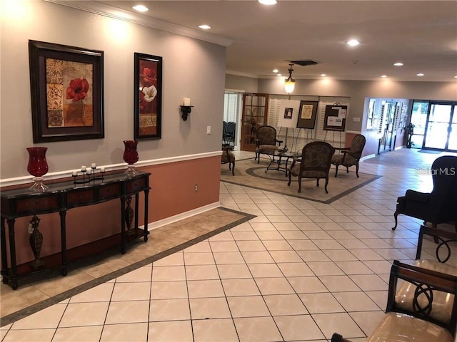 tiled living room with ornamental molding